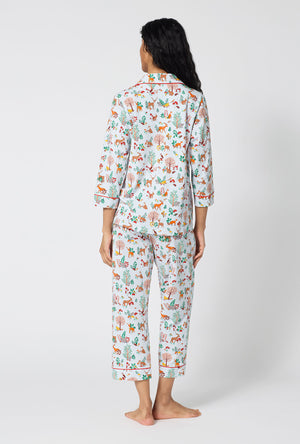 A lady wearing Woodland Wonder 3/4 Sleeve Classic Stretch Jersey Cropped Pj Set back view