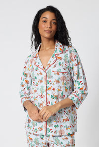 A lady wearing Woodland Wonder 3/4 Sleeve Classic Stretch Jersey Cropped Pj Set closer look