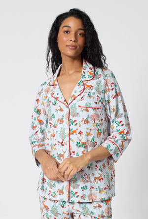 A lady wearing Woodland Wonder 3/4 Sleeve Classic Stretch Jersey Cropped Pj Set closer look