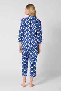 A lady wearing Owl Be Back 3/4 Sleeve Classic Stretch Jersey Cropped Pj Set back view
