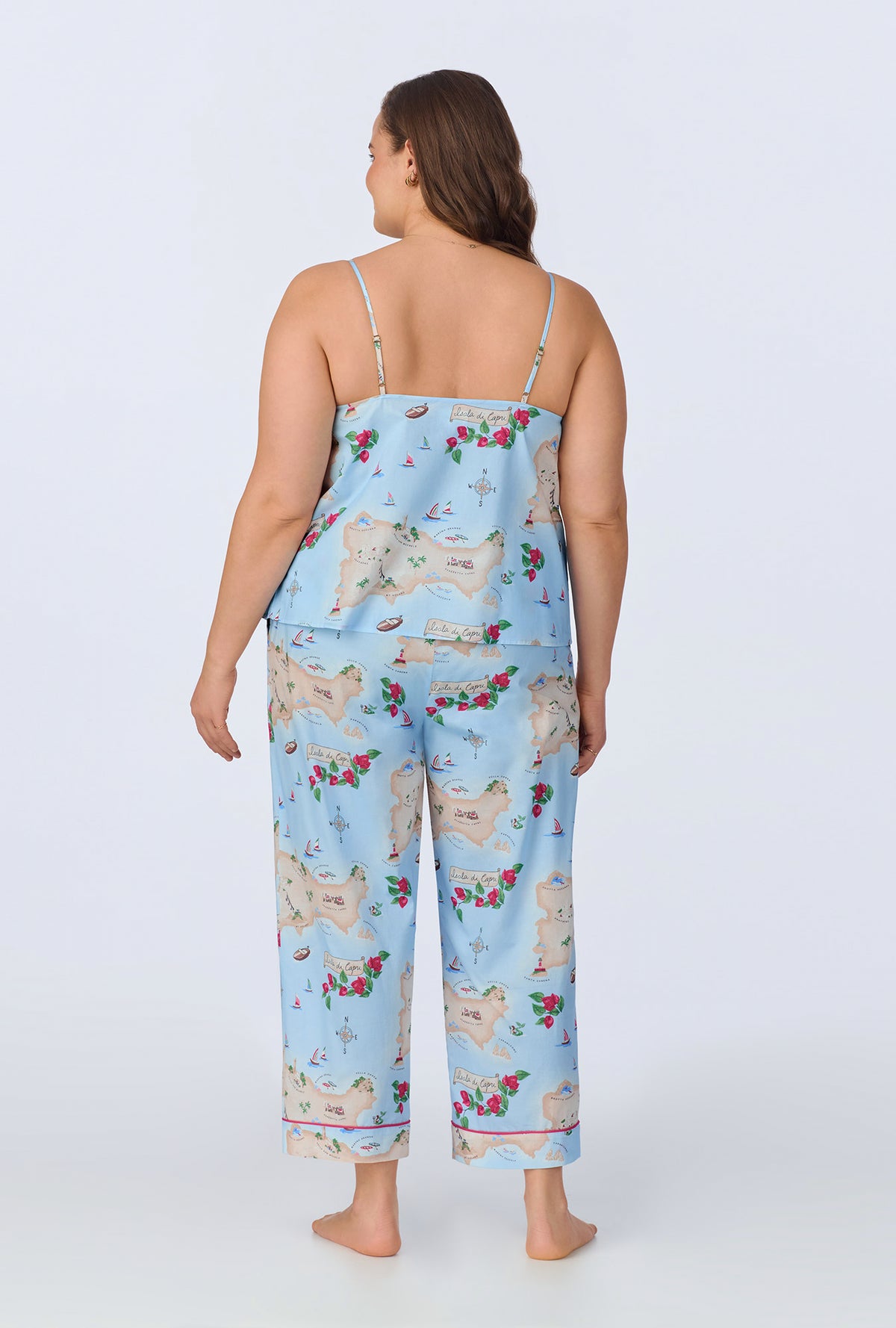 A lady wearing Ciao Capri Cami Woven Cotton Poplin Cropped PJ Set