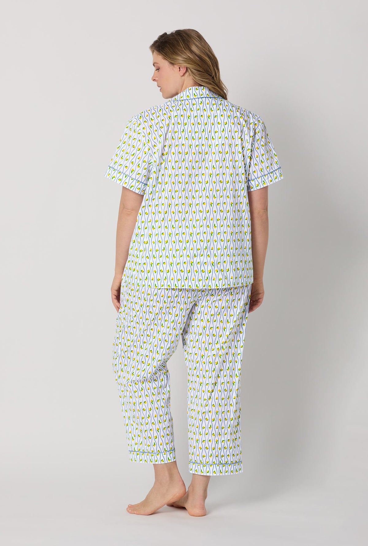 A lady wearing plus size White Short Sleeve Classic Woven Cotton Poplin Cropped Pj Set back view