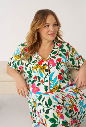A Lady Wearing Plus Size Jungle Serenade Short Sleeve Classic Stretch Jersey Cropped Pj Set