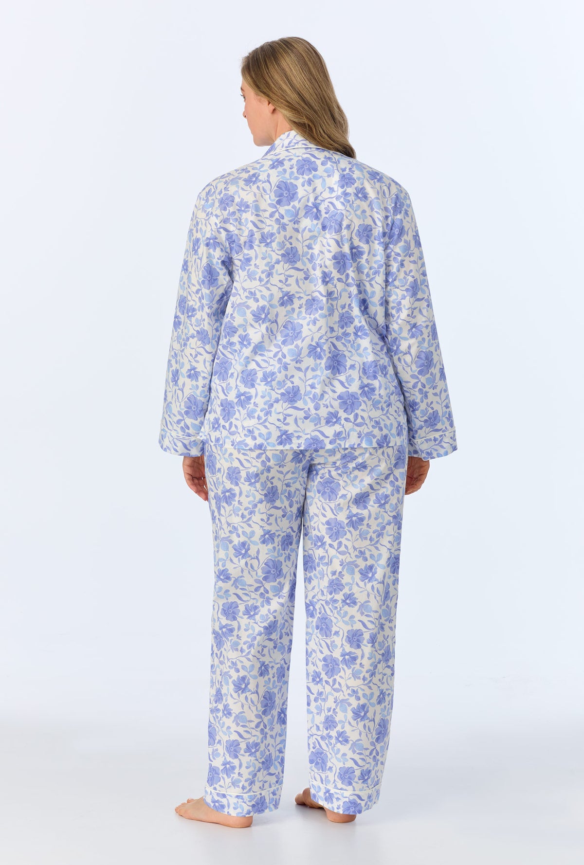 A lady wearing Belle Fleur Long Sleeve Classic Woven Cotton Poplin PJ Set