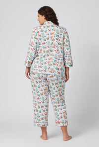 A lady wearing plus size Woodland Wonder 3/4 Sleeve Classic Stretch Jersey Cropped Pj Set back view