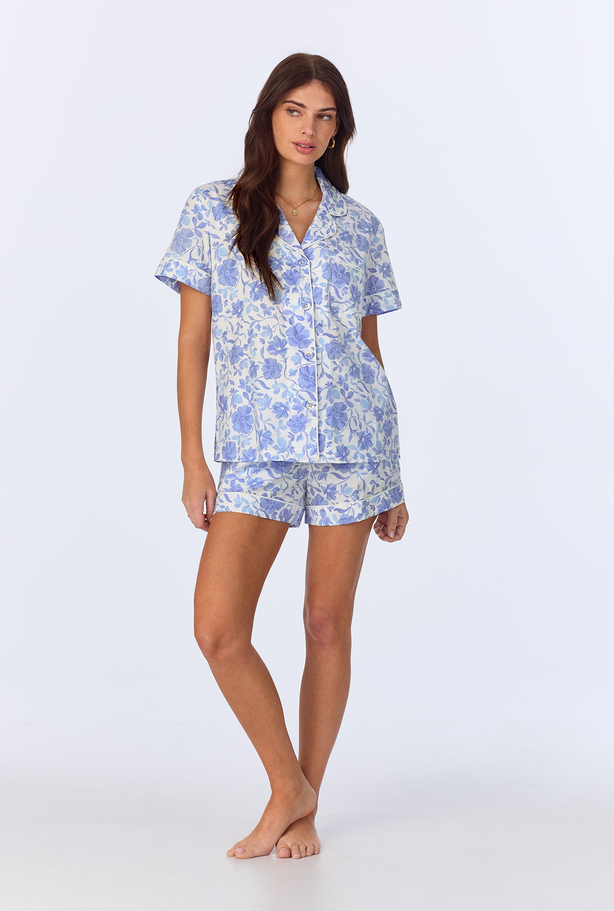 A lady wearing Belle Fleur Short Sleeve Classic  Shorty Woven Cotton Poplin PJ Set