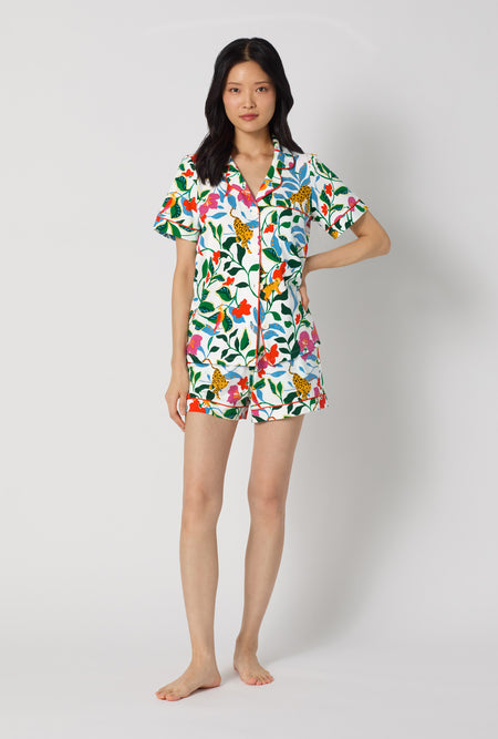 A Lady Wearing Jungle Serenade Short Sleeve Classic Shorty Stretch Jersey Pj Set