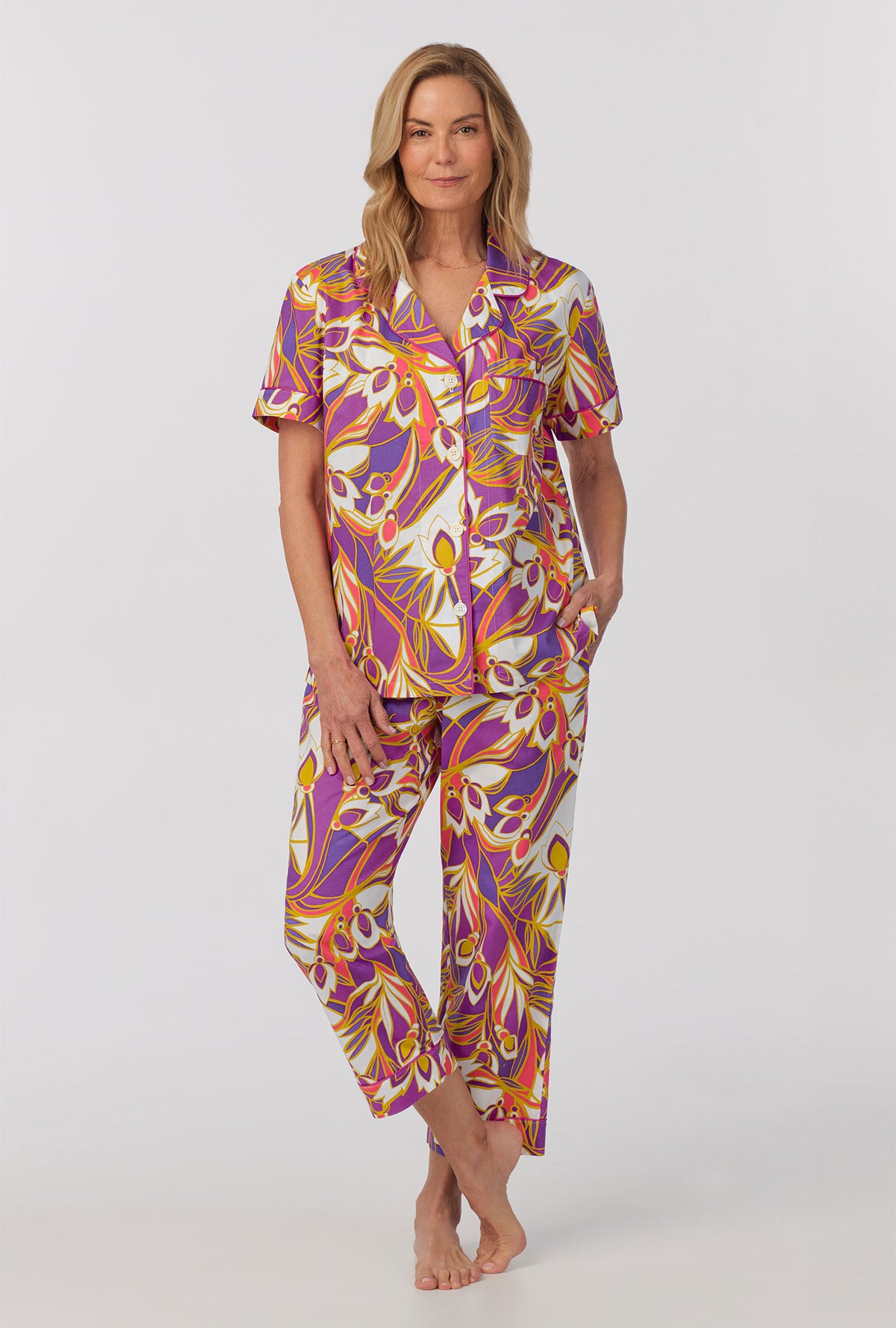 A lady wearing Short Sleeve Classic Woven Cotton Poplin Cropped PJ Set with Senegal Garden print