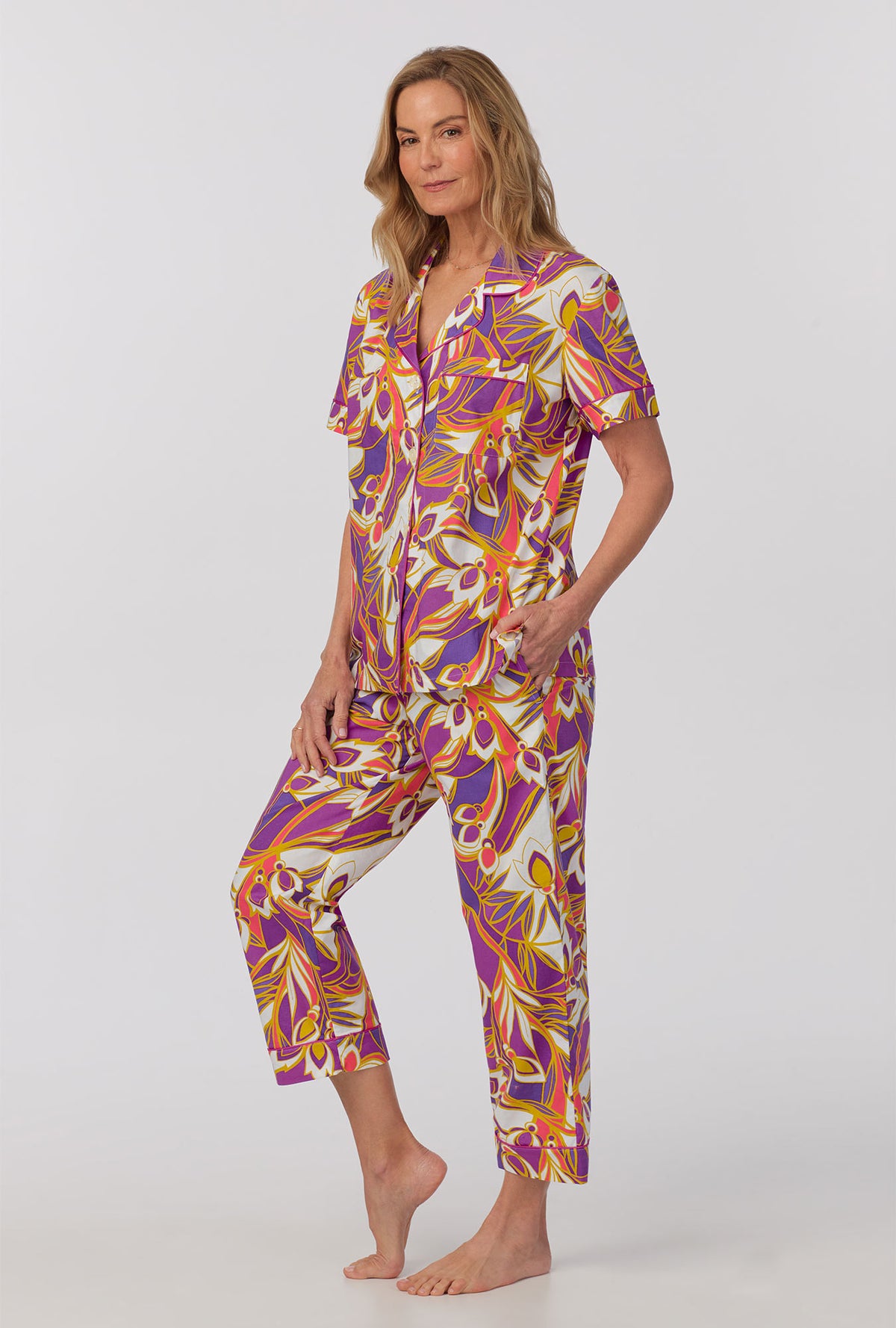 A lady wearing Short Sleeve Classic Woven Cotton Poplin Cropped PJ Set with Senegal Garden print