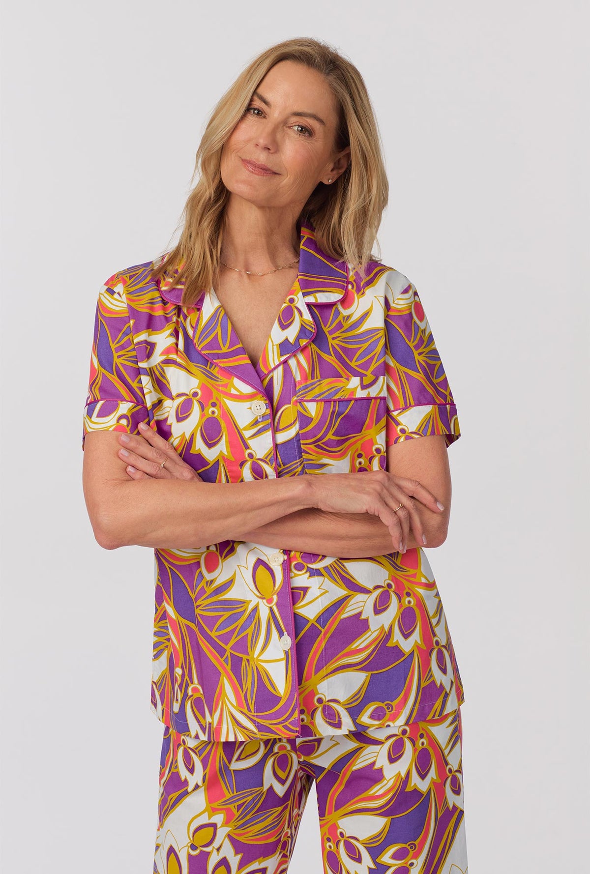 A lady wearing Short Sleeve Classic Woven Cotton Poplin Cropped PJ Set with Senegal Garden print