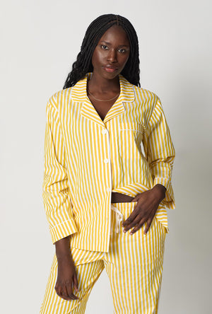 A closeup of A lady wearing Yellow Long Sleeve Classic Woven Cotton Sateen Pj Set