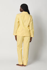 A lady wearing Yellow Long Sleeve Classic Woven Cotton Sateen Pj Set back view