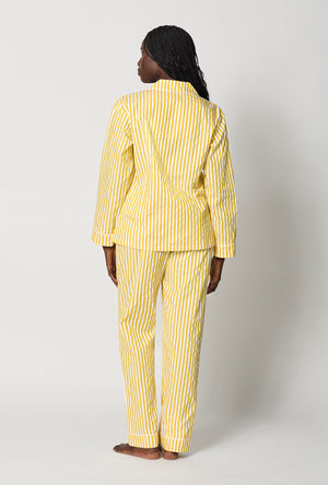 A lady wearing Yellow Long Sleeve Classic Woven Cotton Sateen Pj Set back view