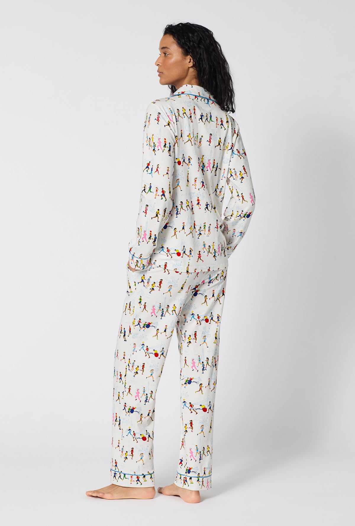 A lady wearing Run NYC Run Long Sleeve Classic Stretch Jersey Pj Set back view