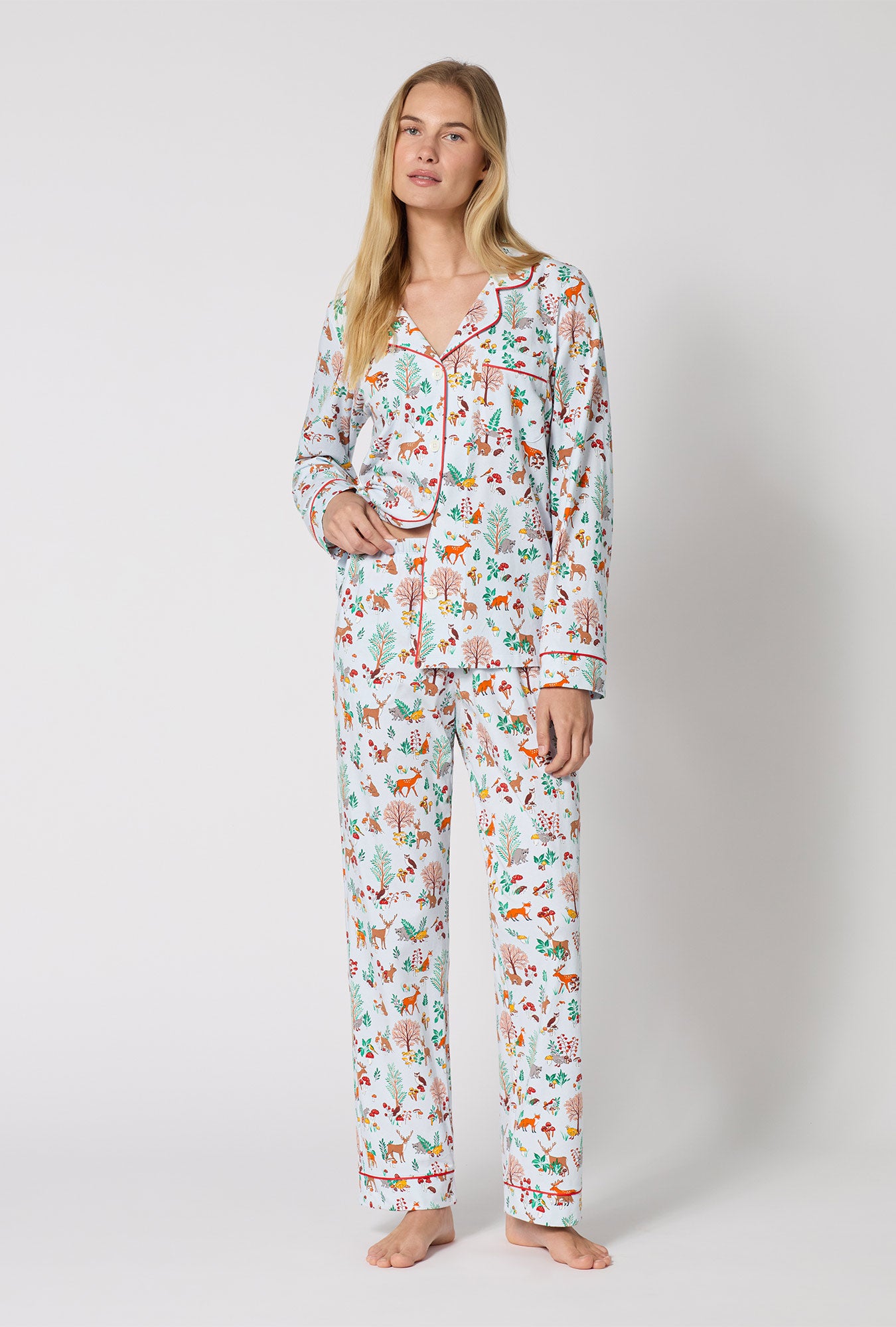A lady wearing Woodland Wonder Long Sleeve Classic Stretch Jersey Pj Set looking front