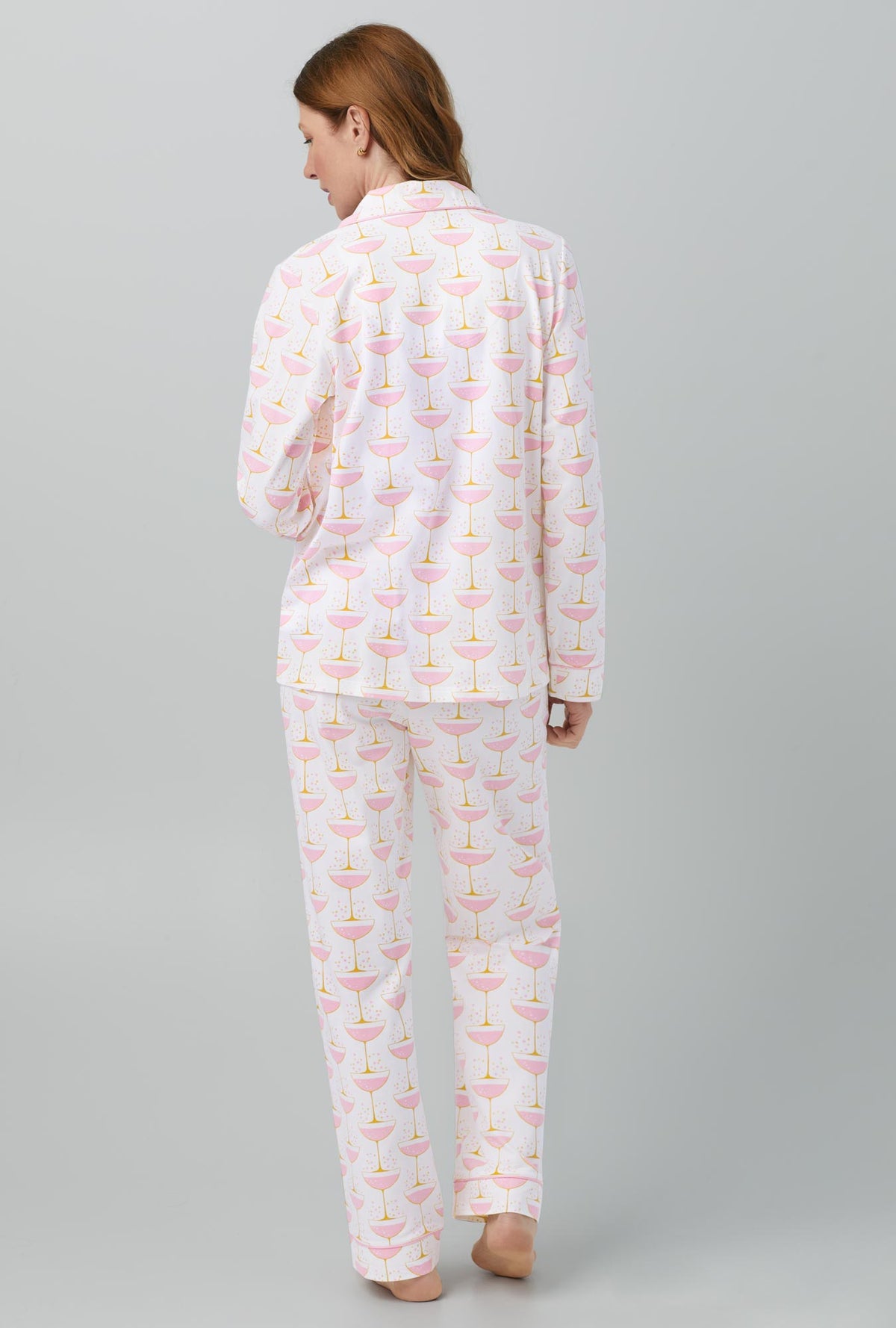 A lady wearing Champagne Coupe Long Sleeve Classic Stretch Jersey PJ Set