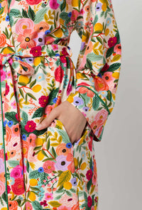 A lady wearing Rifle Paper Co. x BedHead PJs Garden Party Banded Collar Stretch Jersey Robe closer look