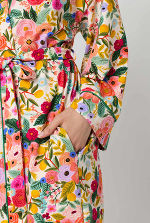 A lady wearing Rifle Paper Co. x BedHead PJs Garden Party Banded Collar Stretch Jersey Robe closer look