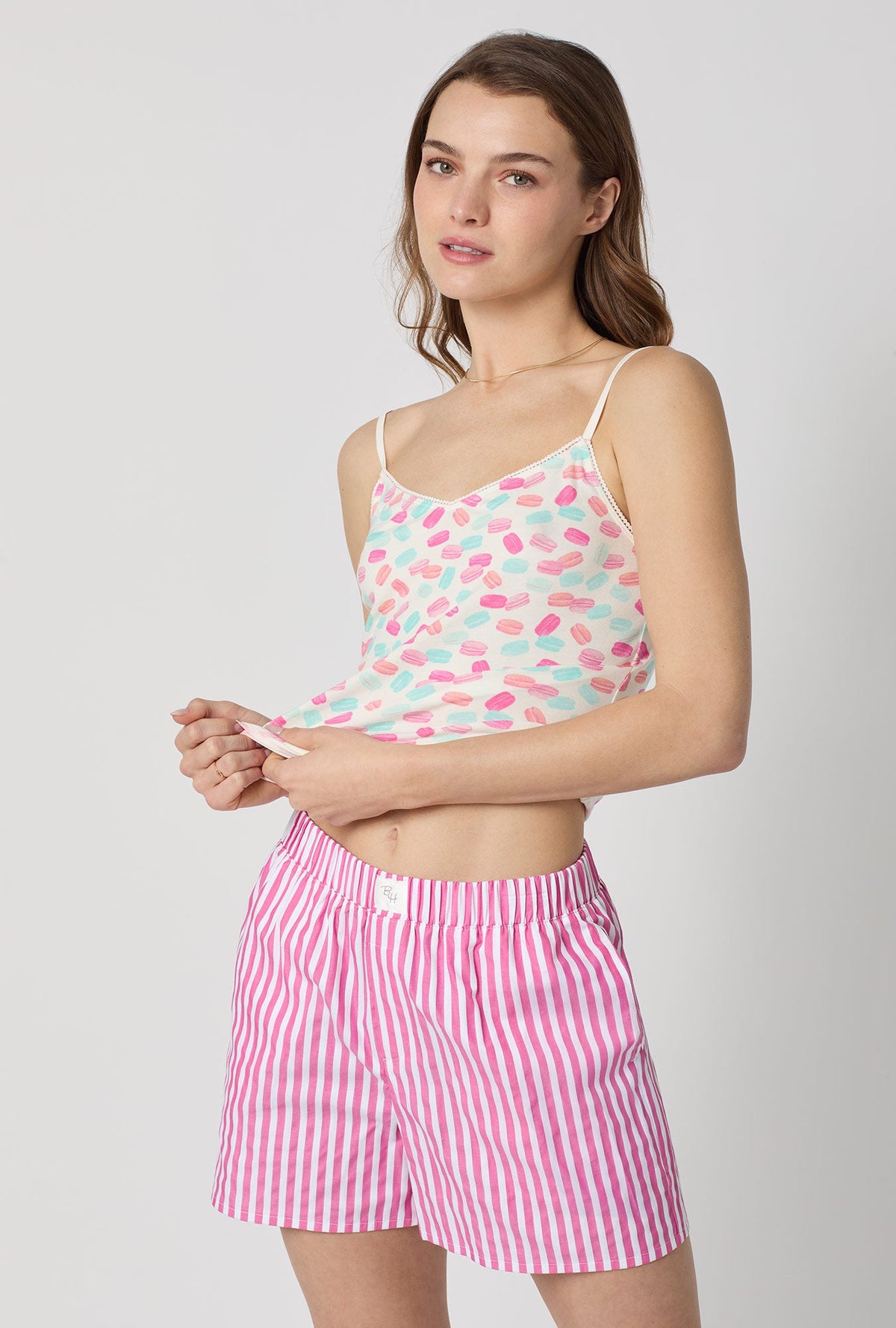 A closeup of A lady wearing Pink Cotton Sateen Boxer Short