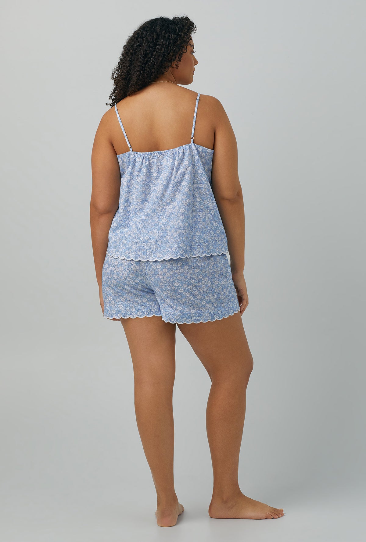 A lady wearing Cami Woven Cotton Silk Shorty PJ Set with Something Blue Scallop