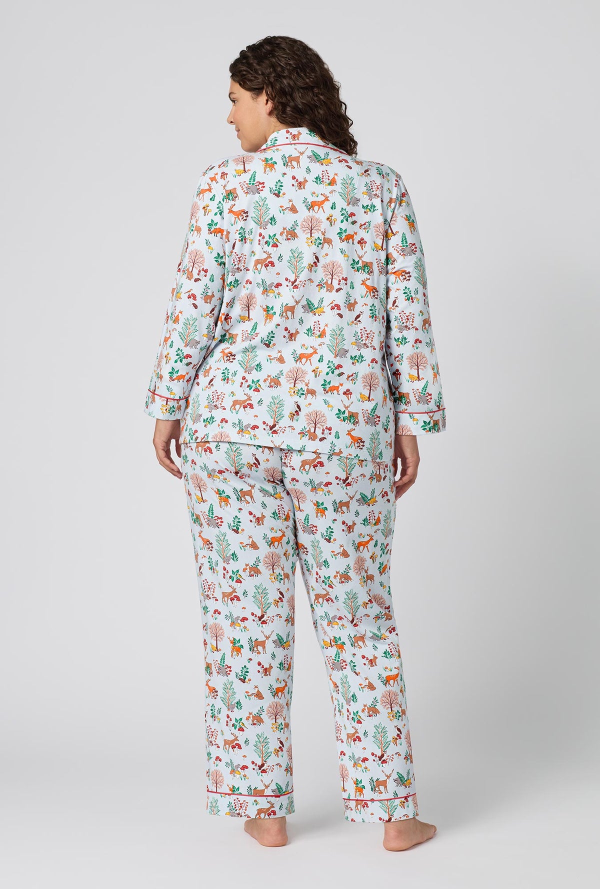 A lady wearing plus size Woodland Wonder Long Sleeve Classic Stretch Jersey Pj Set back view