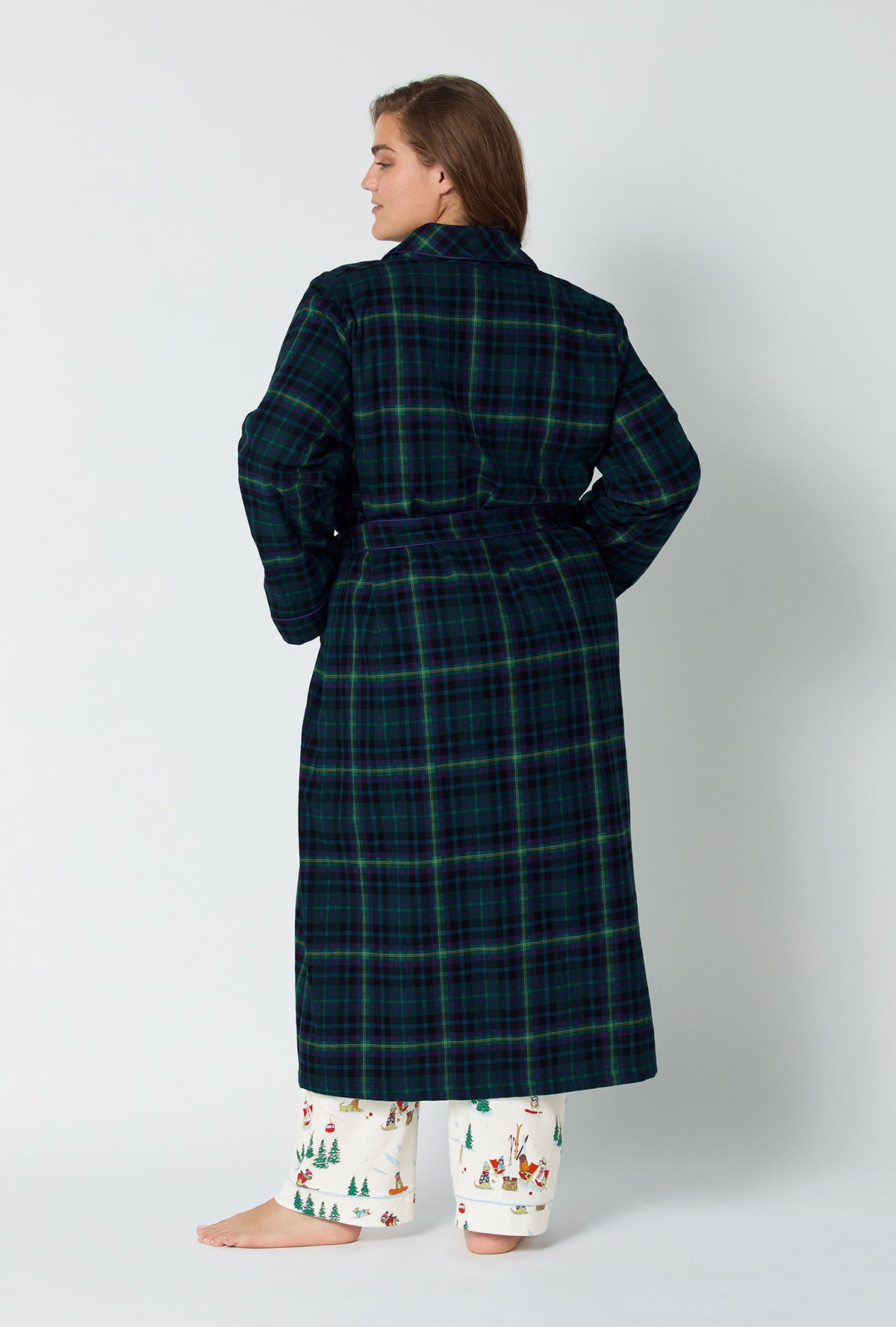 A lady wearing Walden Plaid Unisex Classic Woven Portuguese Flannel Robe de Chambre