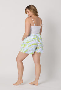 A lady wearing plus size White Woven Cotton Poplin Boxer Short back view