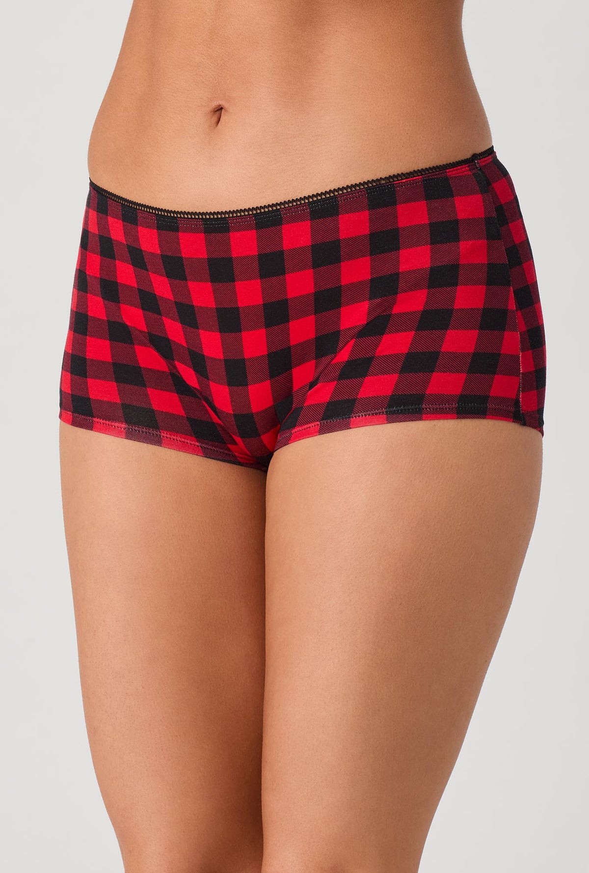 A lady wearing Buffalo Plaid Stretch Jersey Boyshort Underwear