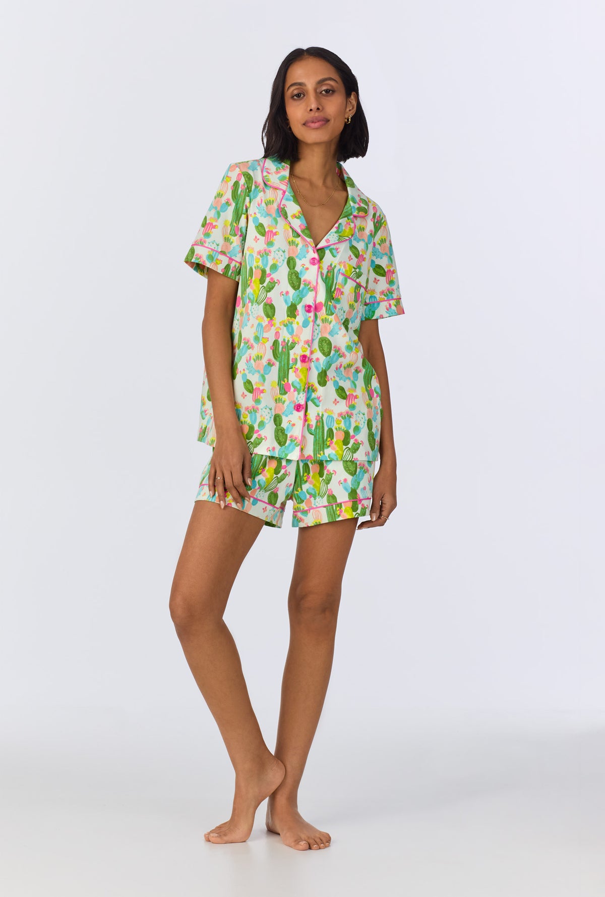 A lady wearing Cactus Garden Short Sleeve Classic Shorty Stretch Jersey PJ Set