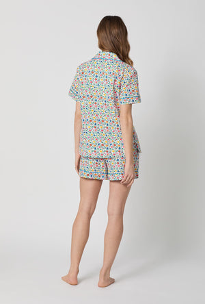 A lady wearing Multi-Color and  Pink Short Sleeve Classic Woven Cotton Poplin Shorty Pj Set back view
