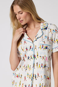 A lady wearing Run NYC Run Short Sleeve Classic Shorty Stretch Jersey Pj Set closer look