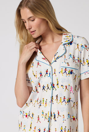 A lady wearing Run NYC Run Short Sleeve Classic Shorty Stretch Jersey Pj Set closer look