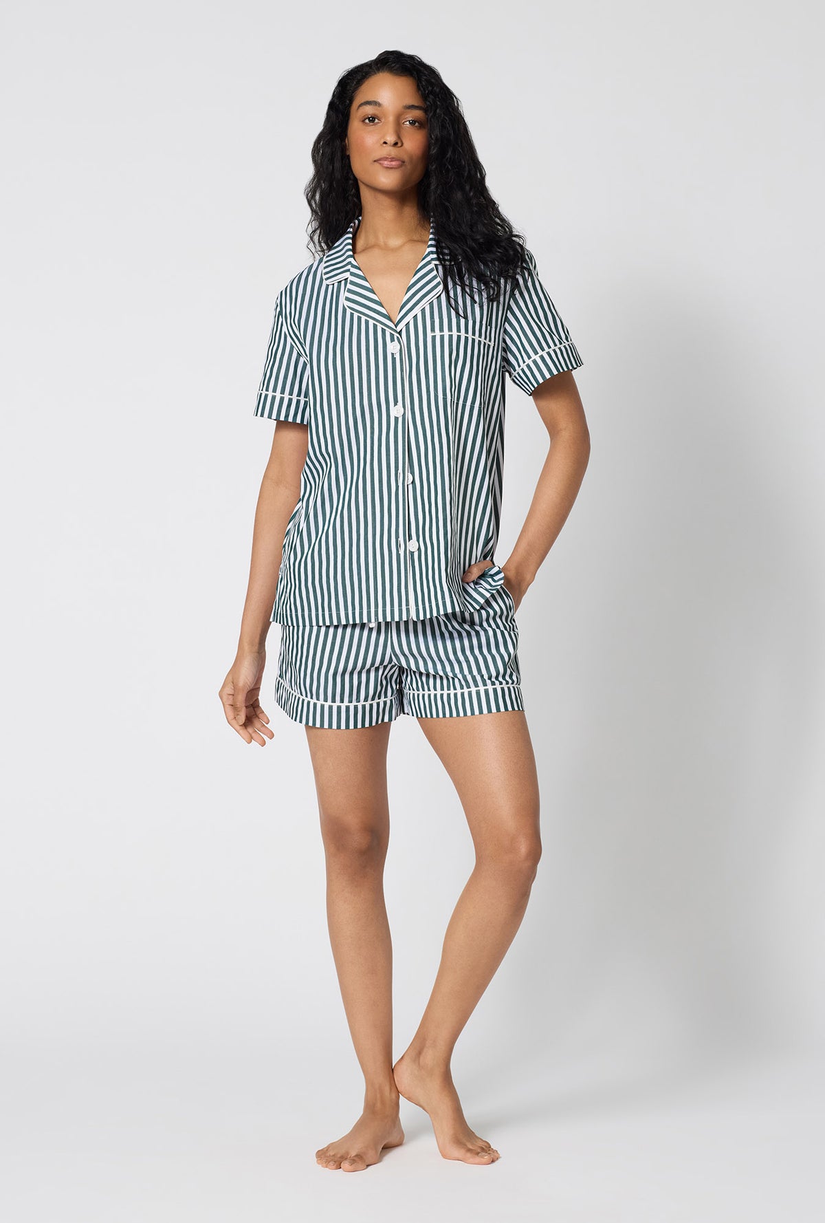 A lady wearing Green Signature Stripe Short Sleeve Classic Woven Cotton Sateen Shorty Pj Set looking front