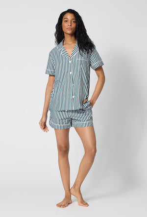 A lady wearing Green Signature Stripe Short Sleeve Classic Woven Cotton Sateen Shorty Pj Set looking front