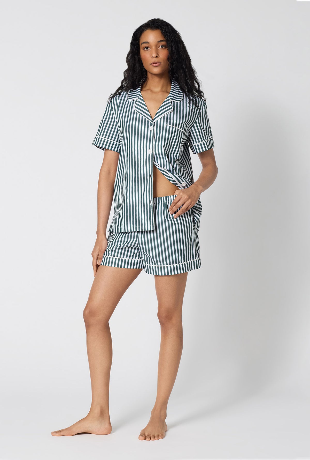 A lady wearing Green Signature Stripe Short Sleeve Classic Woven Cotton Sateen Shorty Pj Set