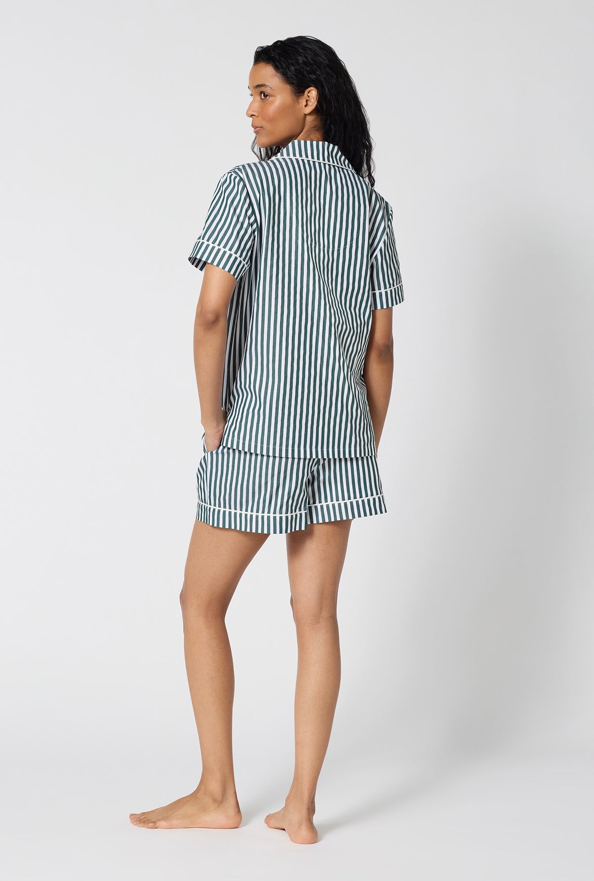 A lady wearing Green Signature Stripe Short Sleeve Classic Woven Cotton Sateen Shorty Pj Set back view