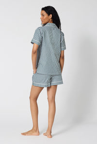 A lady wearing Green Signature Stripe Short Sleeve Classic Woven Cotton Sateen Shorty Pj Set back view