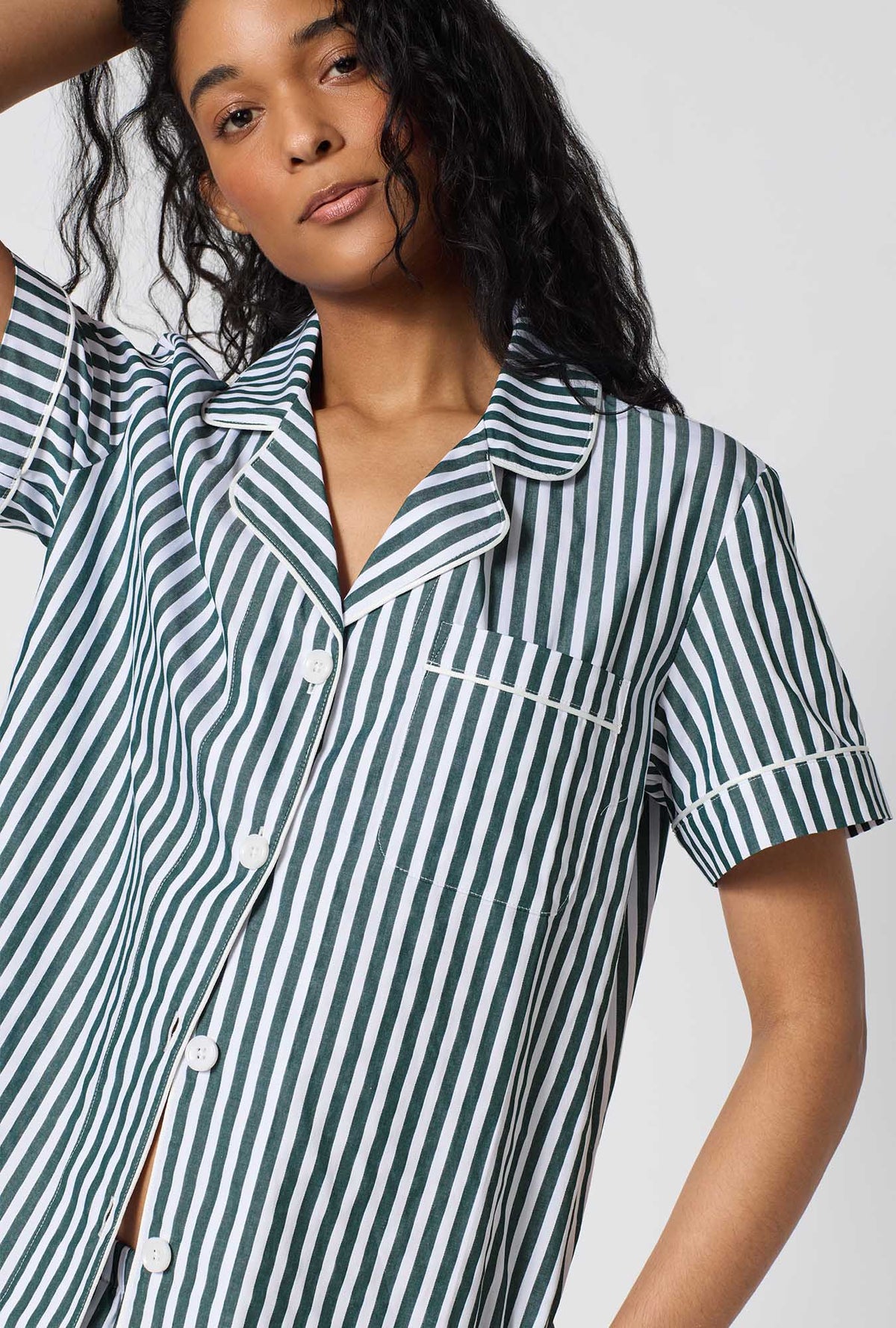 A lady wearing Green Signature Stripe Short Sleeve Classic Woven Cotton Sateen Shorty Pj Set closer look