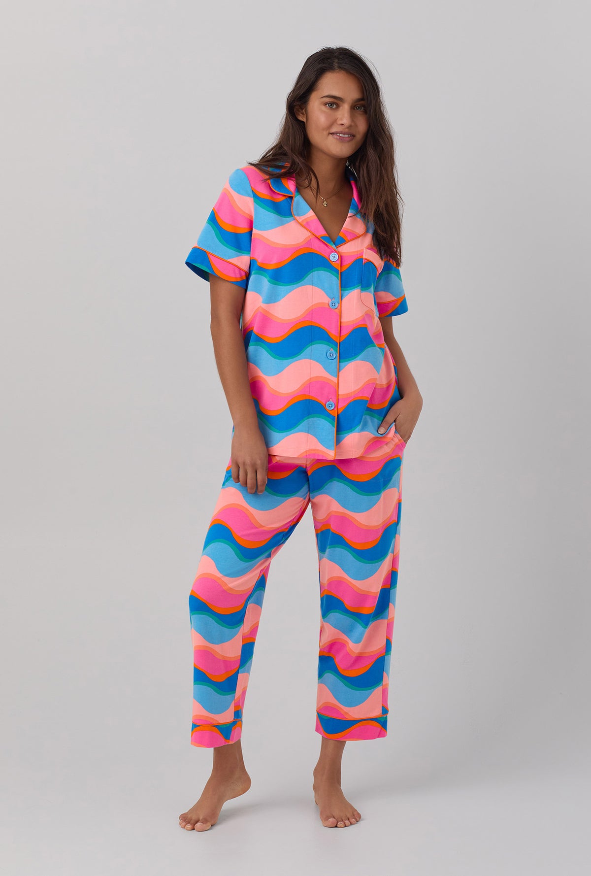 A lady wearing short sleeve stretch jersey cropped pj set with new wave print