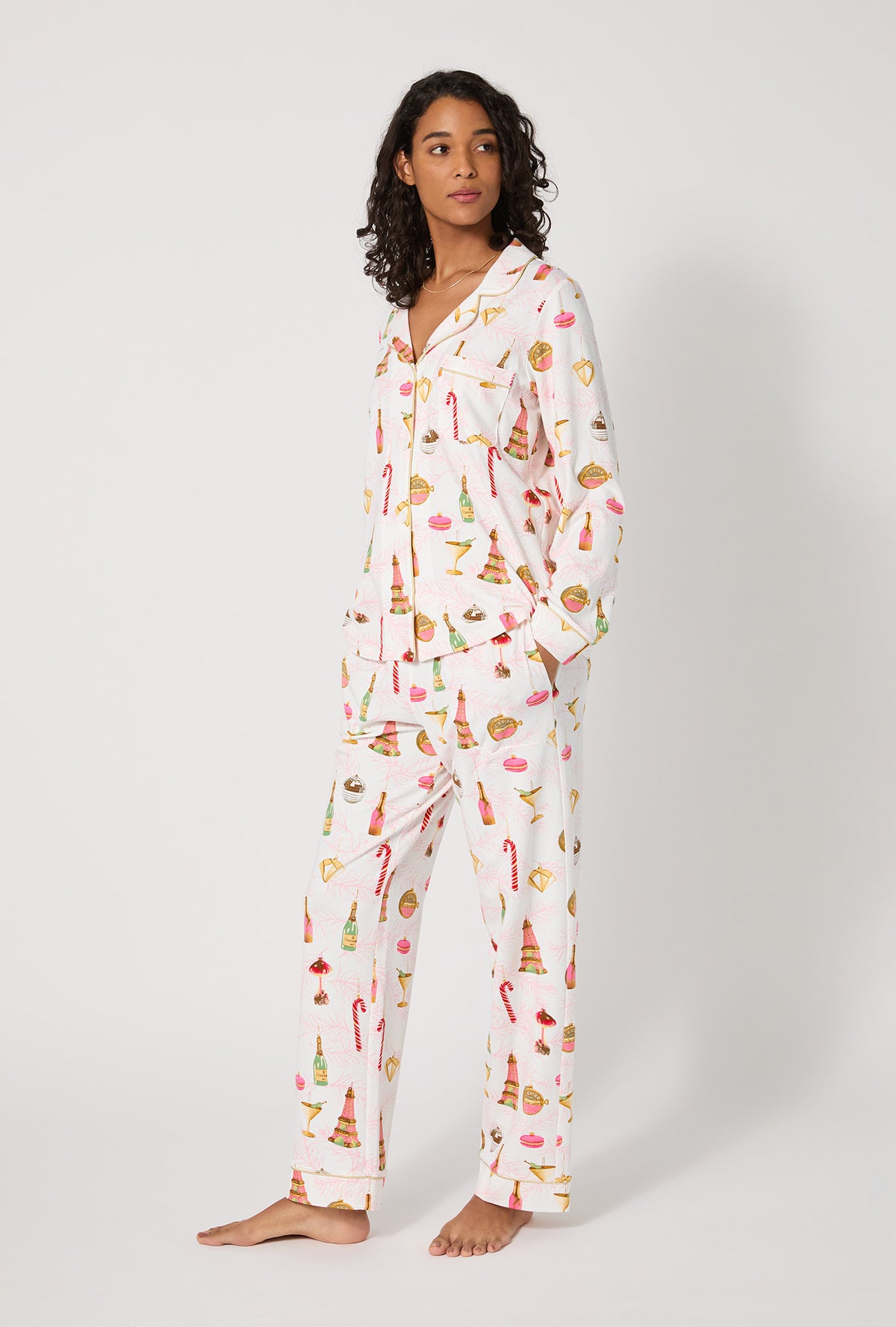 A lady wearing Christmas Keepsakes Long Sleeve Classic Stretch Jersey Pj Set