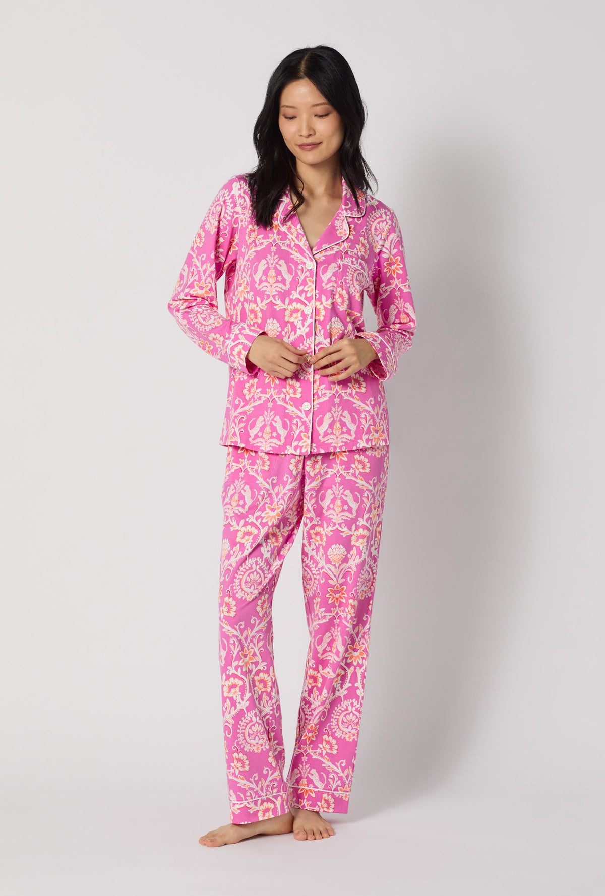 A Lady Wearing Luxe Leopard Long Sleeve Classic Stretch Jersey Pj Set