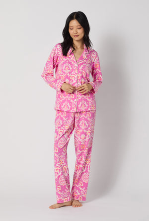 A Lady Wearing Luxe Leopard Long Sleeve Classic Stretch Jersey Pj Set