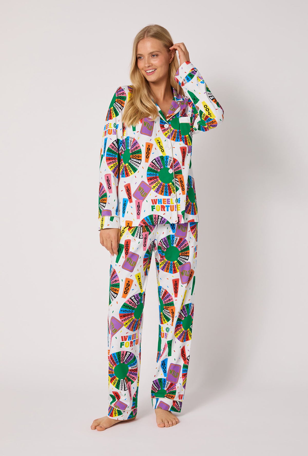 A lady wearing Wheel Of Fortune Long Sleeve Classic Stretch Jersey Pj Set