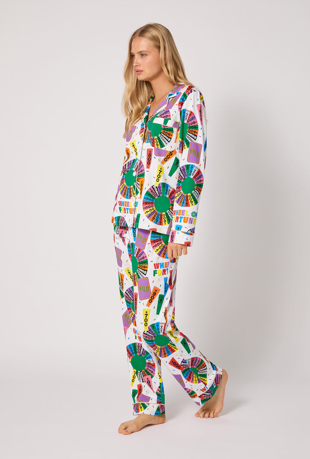 A lady wearing Wheel Of Fortune Long Sleeve Classic Stretch Jersey Pj Set