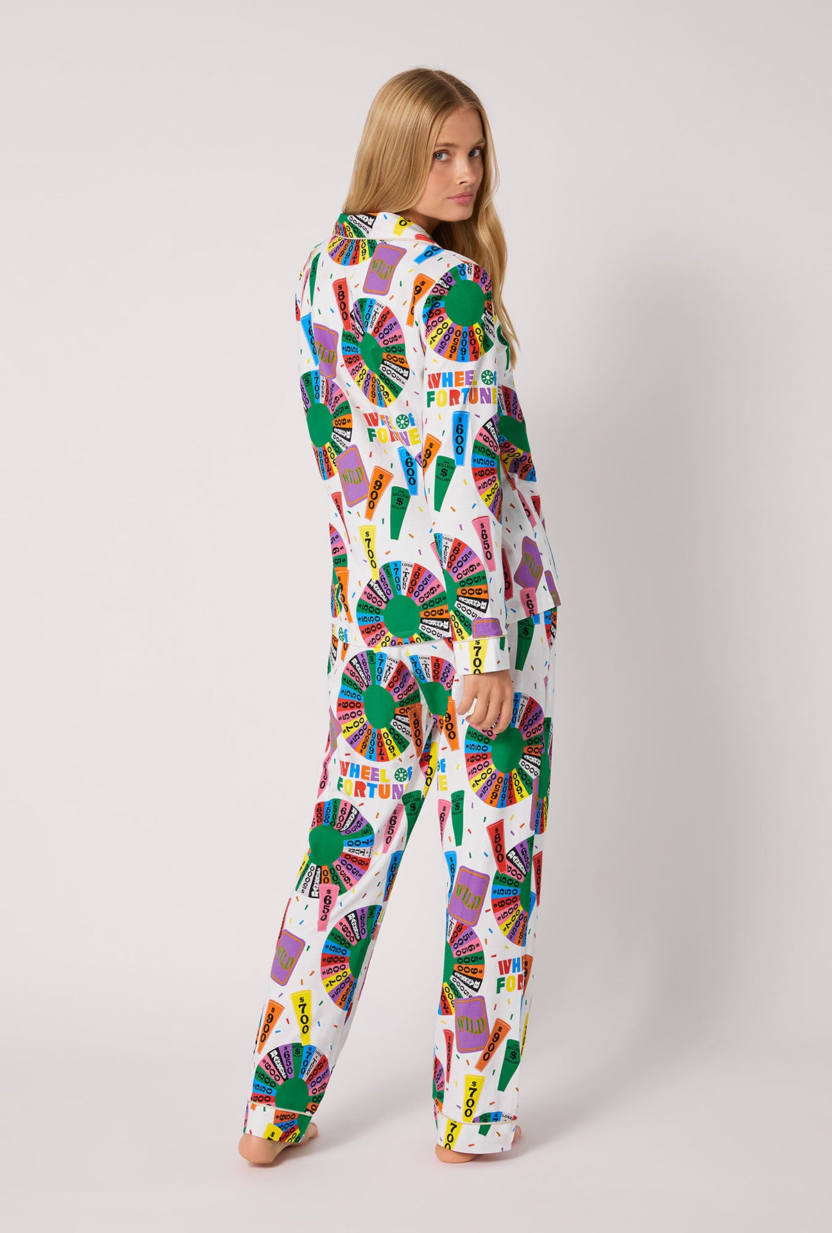 A lady wearing Wheel Of Fortune Long Sleeve Classic Stretch Jersey Pj Set