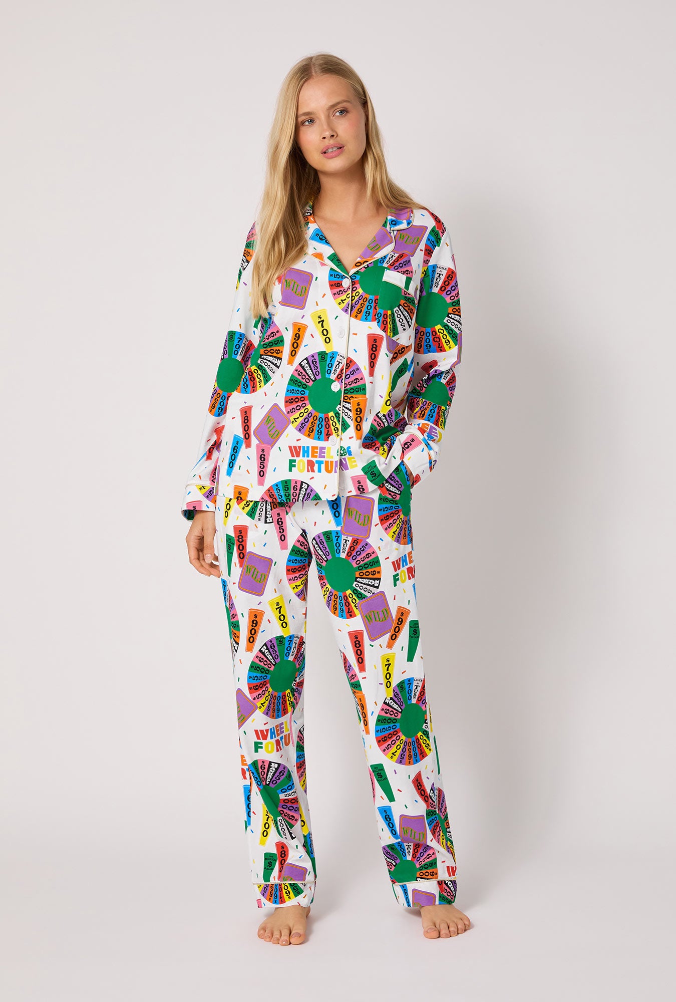 A lady wearing Wheel Of Fortune Long Sleeve Classic Stretch Jersey Pj Set