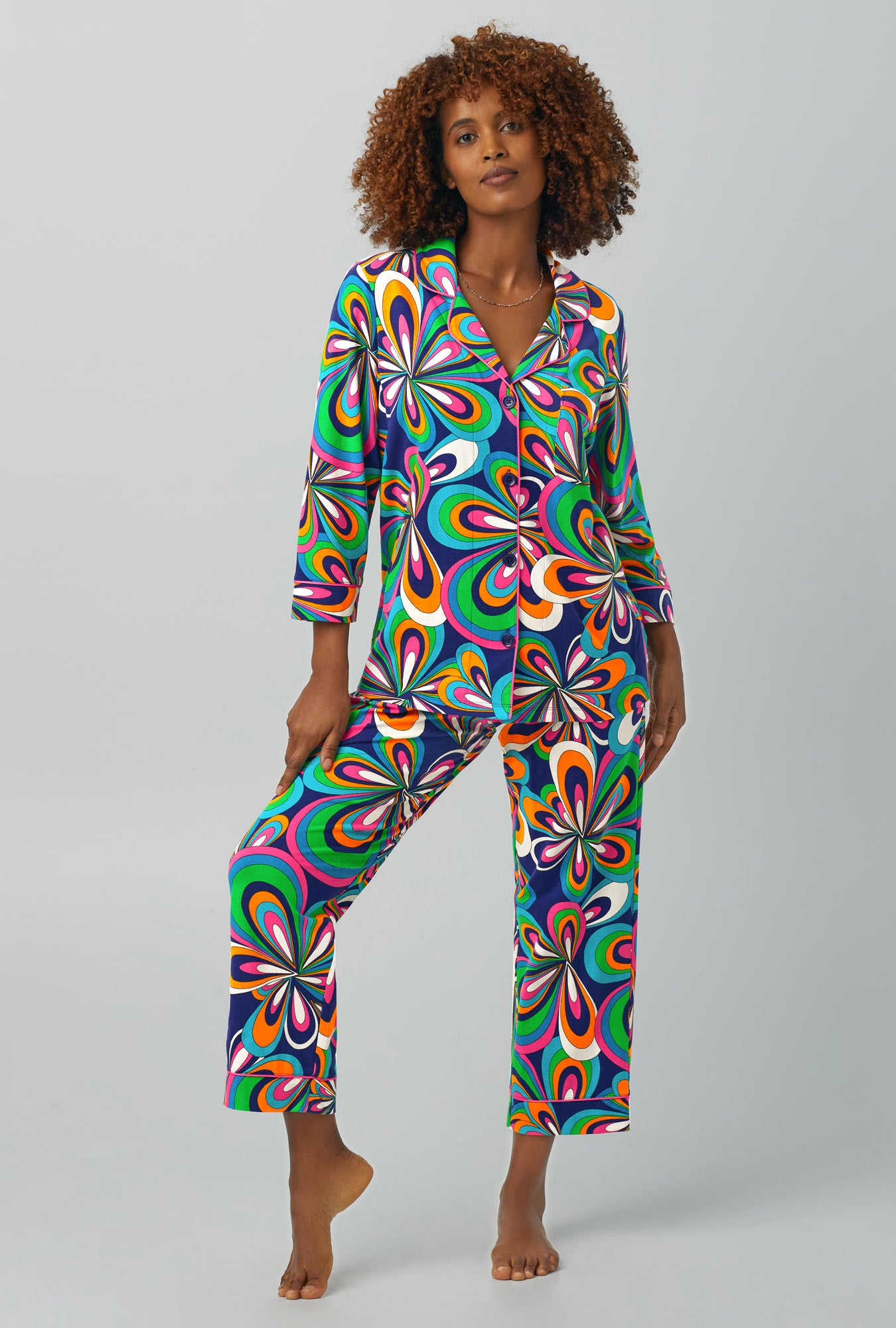 A lady wearing 3/4 Sleeve Classic Stretch Jersey Cropped PJ Set with shante print