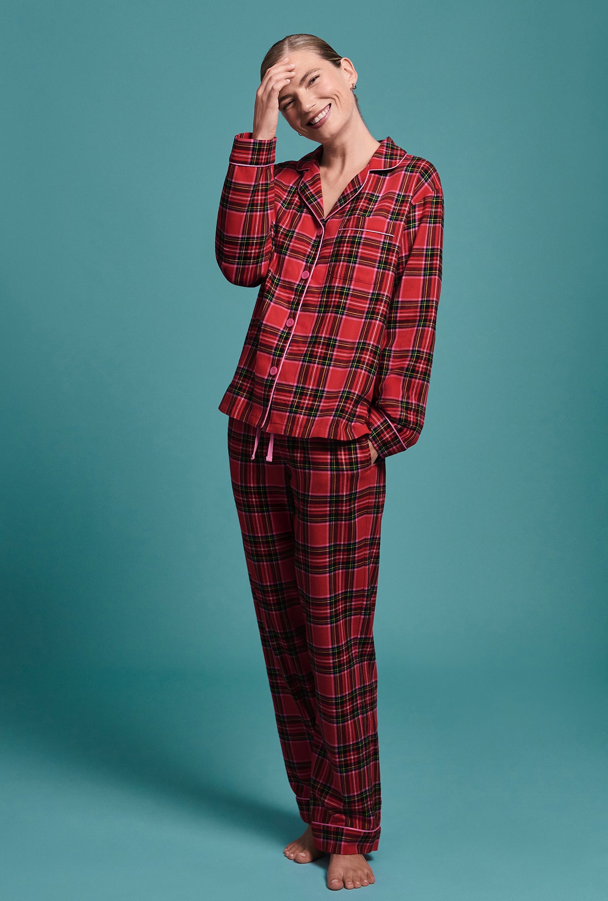 BedHead X Trina Turk Christmas Plaid Long Sleeve Classic Woven Portuguese Flannel PJ Set