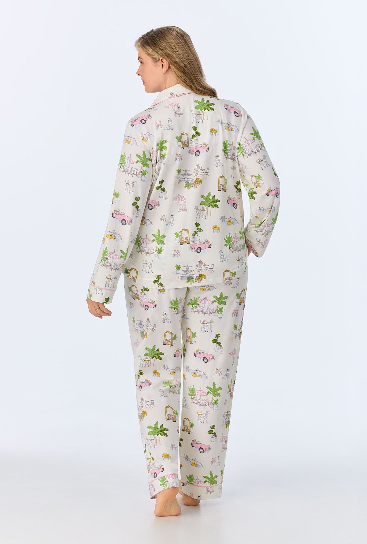 A lady wearing Poolside Poodles Long Sleeve Classic Stretch Jersey PJ set