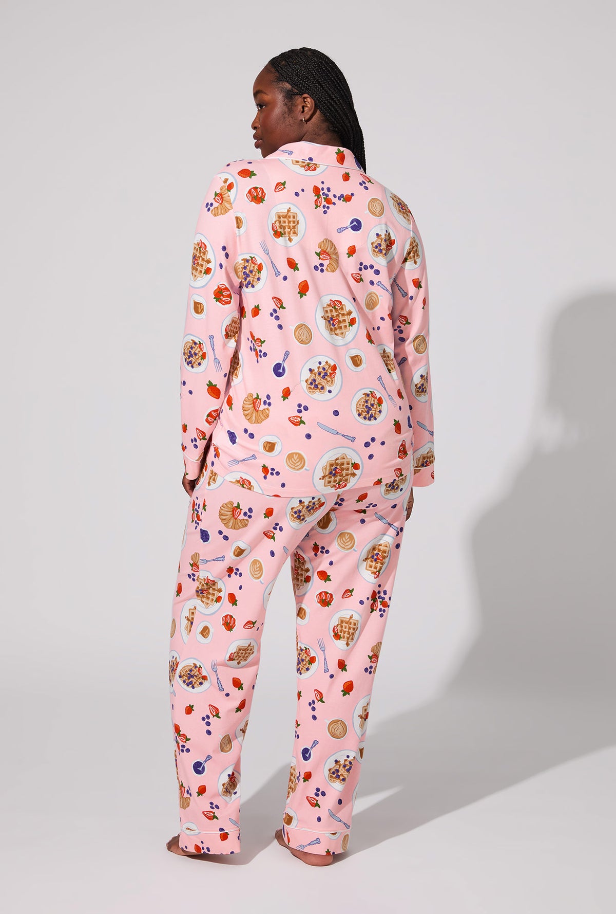 A lady wearing Waffle Brunch Long Sleeve Classic Stretch Jersey PJ Set